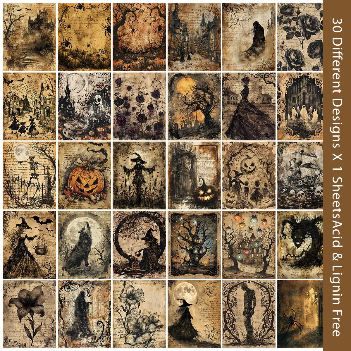 30 Sheets Gothic Halloween Scrapbook Art Craft Paper, Witch Pumpkin Haunted House Illustrations, DIY Crafts Card Making Dark Theme Decor