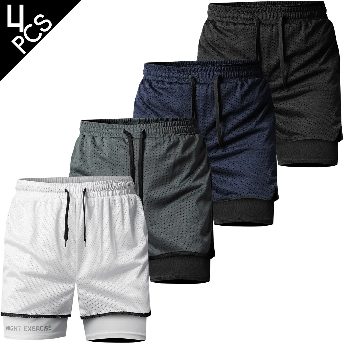 4PCS, Men's casual breathable mesh solid color athletic shorts with a faux two-piece design, perfect for summer wear.