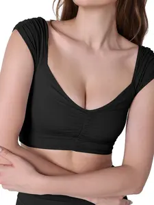 ODODOS Ruched Front Crop Tank for Women V-Neck Cut Out Back Cap Sleeve Cropped Tops