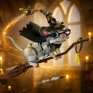 676PCS Wizard Apprentice Mouse Building Set - Flying Magic Mouse Action Figure, Gravity-Defying Broom, Crystal Stand, Dark Academia Desk Decor, Fantasy Gift for Teens, Room Decor