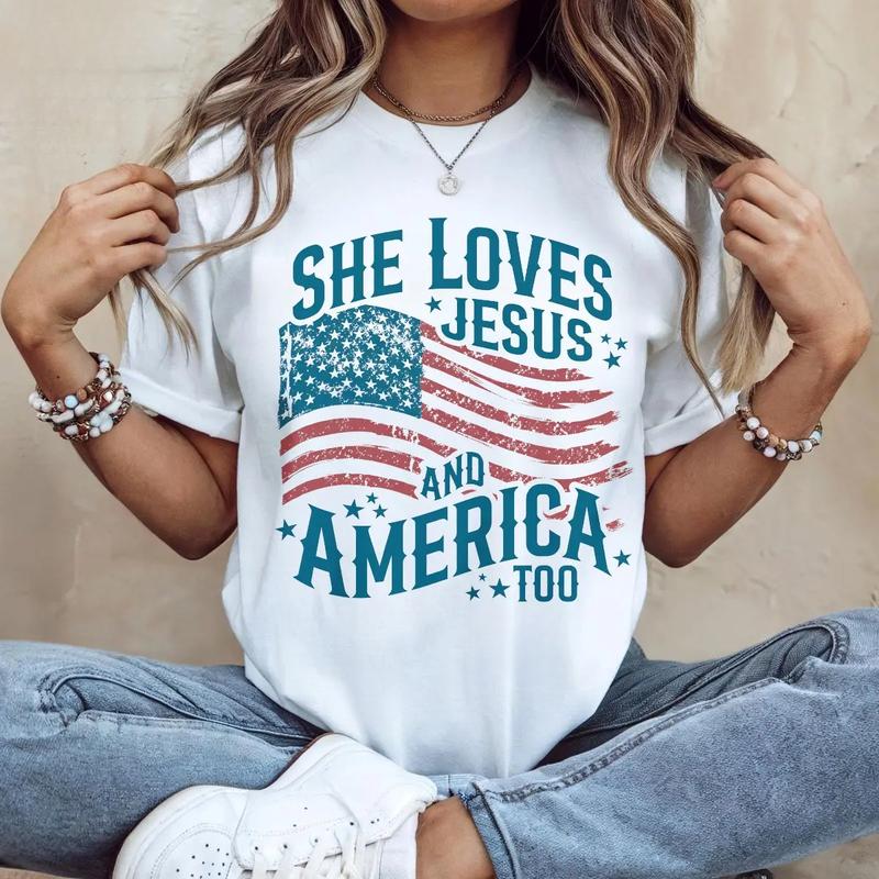 Women's Independence Day Patriotic T-shirt, Christian Shirt, 4th Of July Shirt, She Loves Jesus And America Too Shirt, America Retro Shirt, Usa Shirt, USA Flag Tee for Women
