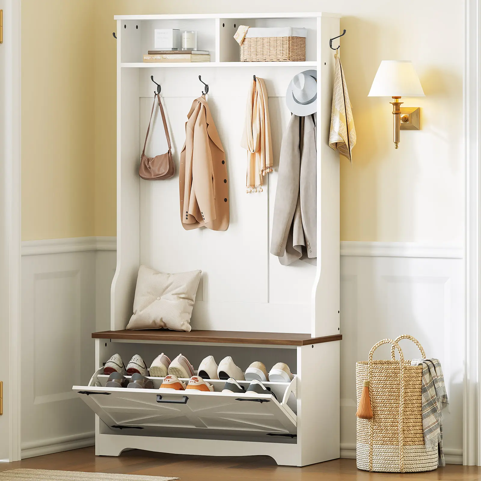 HOOBRO Hall Tree with Bench, Entryway Bench with Coat Rack and Shoe Cabinet, Flip Drawers, Farmhouse Hall Tree with Shoe Organizer, Mud Room, White and Walnut #SummerVibes