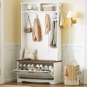 HOOBRO Hall Tree with Bench, Entryway Bench with Coat Rack and Shoe Cabinet, Flip Drawers, Farmhouse Hall Tree with Shoe Organizer, Mud Room, White and Walnut