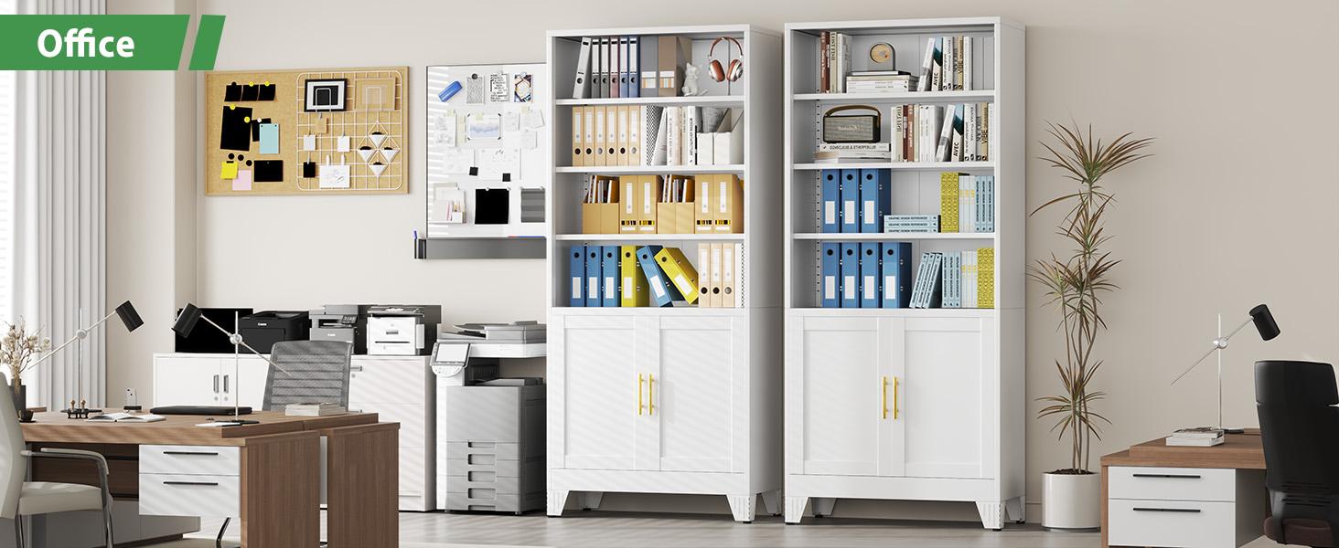 71" Tall White Metal Storage Cabinet – 4 Adjustable Shelves + Doors – Bookcase for Study, Office, Bedroom