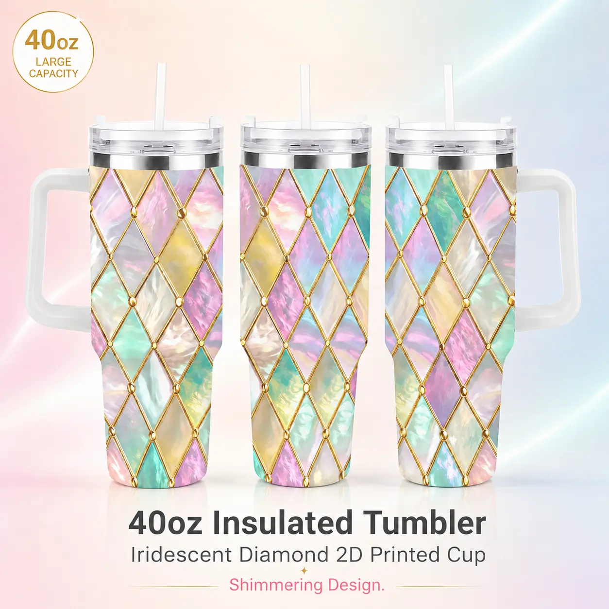 Pastel Iridescent Stained Glass Diamond Tumbler,Vacuum Insulated Stainless Steel Travel 20oz & 40oz Cup,Multicolor Marble Mosaic Print Drinkware,Gold Trim Geometric Rhombus Pattern Tumbler,Glossy Rainbow Pearl Color Beverage Vessel