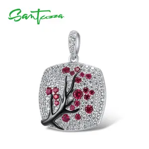 SANTUZZA Lab Created Ruby White Cubic Zirconia 925 Silver Pendant Without Chain Delicate Jewelry
