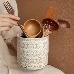 Vintage Ceramic Kitchen Utensil Organizer, Relief Spoon Fork Chopstick Holder, Elegant Floral Pattern Decorative Storage Container Box