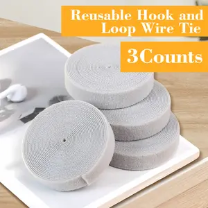 3 Count Reusable Fastening Tape Cable Ties(Black,Grey,White), Double Sided Hook and Loop Design, Home Office Use, Computer Wire Organization