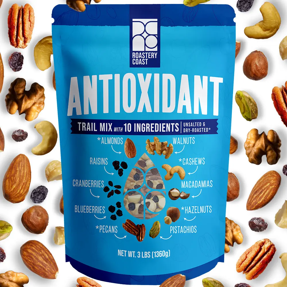 ROASTERY COAST Mixed Dry-Roasted Crunchy Nuts Snack Bag - 7 Tree Nuts (Walnut, Macadamia, Hazelnut), 3 Dried Fruits (Blueberry, Cranberry), Antioxidant, High Fiber, Healthier Choice, Ambient Temp Storage, 3 lb or 20 oz