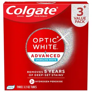 Colgate Optic White Advanced Whitening Hydrogen Peroxide Daily Oral Toothpaste, 3-Pack (3.2 oz Each), Peppermint Flavor, Enamel-Safe, Removes Tea, Coffee, Wine Stains