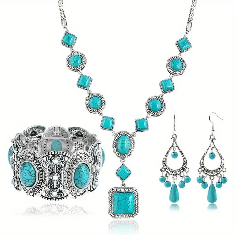 4pcs Necklace Set Women's Jewelry with Long Choker, Pendant, Dangle Earrings, Layered Western Bracelets Synthetic turquoise