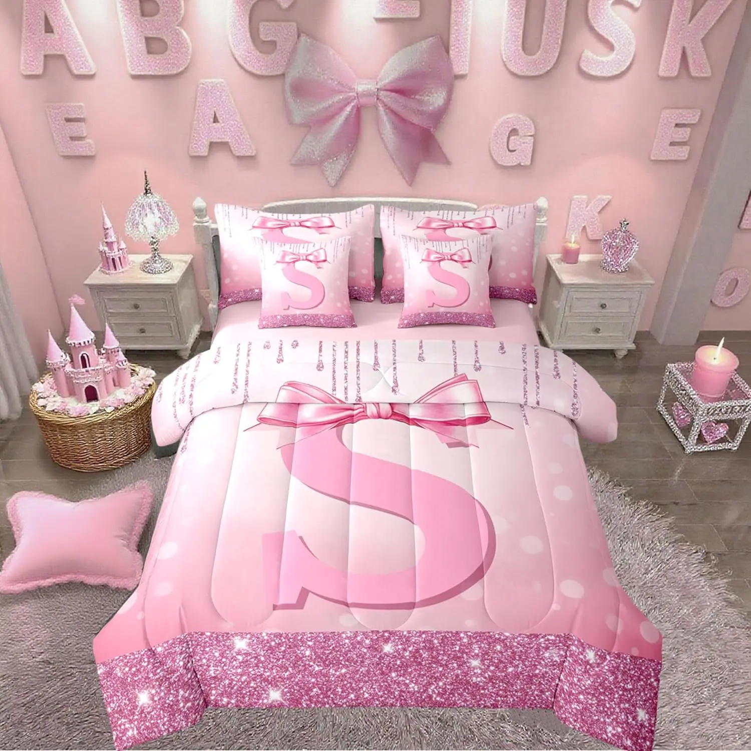 Feelyou 7-Piece Bed Comforter Set - Pink Glitter Bow Microfiber Bedding with Aesthetic Bed Sheets, Bedroom Blanket for Teen Girls (Letter Initial S), Bed Sheets Aesthetic