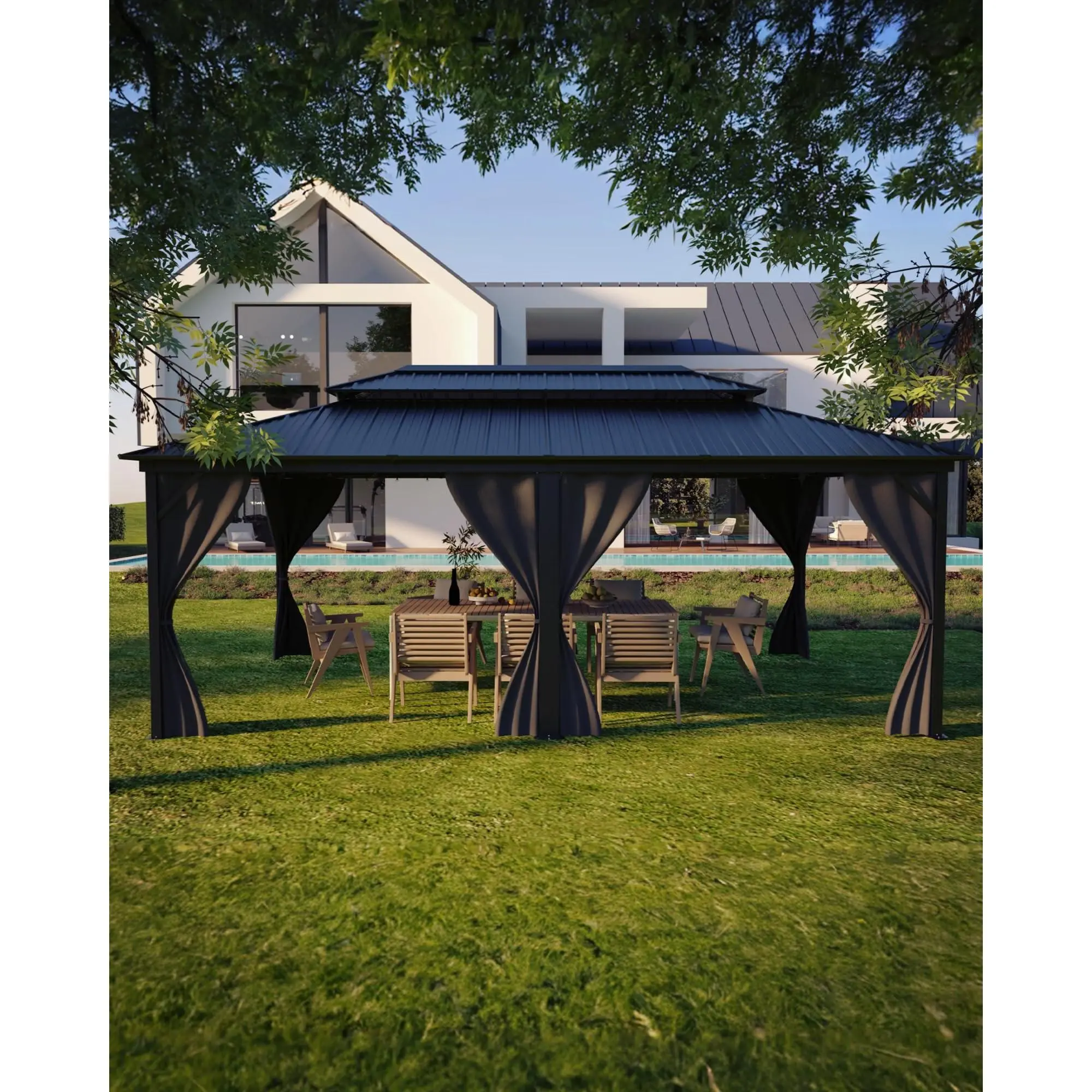 Outdoor Gazebo 12x20 Hardtop, Pergolas and Gazebos Clearance, Aluminum Frame Pavilion with Double Roof, Canopy Tent, Mosquito Netting & Privacy Curtains for Patio, Garden, Deck
