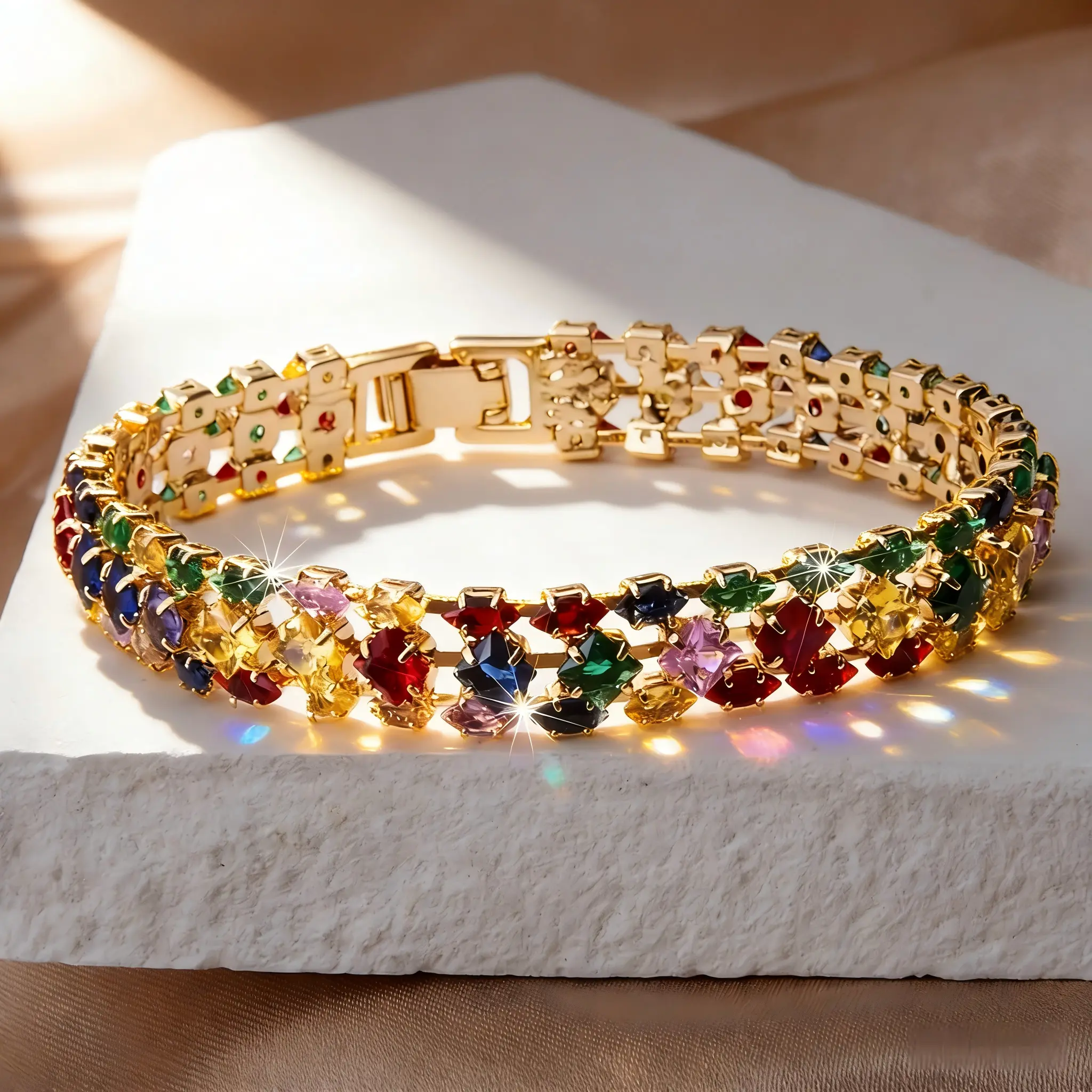 Elegant Women's Bohemian-Style Colorful Geometric Zircon Bracelet with Clasp Chain – Perfect for Daily Wear & Vacation Parties SpringStatements Fashion Jewelry Accessories Trendy Jewelry