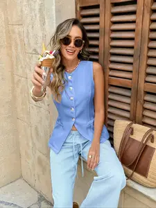 Fresh Sweet Girl Sporty Light Blue Waist-Cinched Sleeveless Vest Minimalist Luxury Sporty Light Blue Waist-Cinched Sleeveless Stylish Vest Trendy Effortless Sporty Light Blue Waist-Cinched Sleeveless Office Athleisure Vest