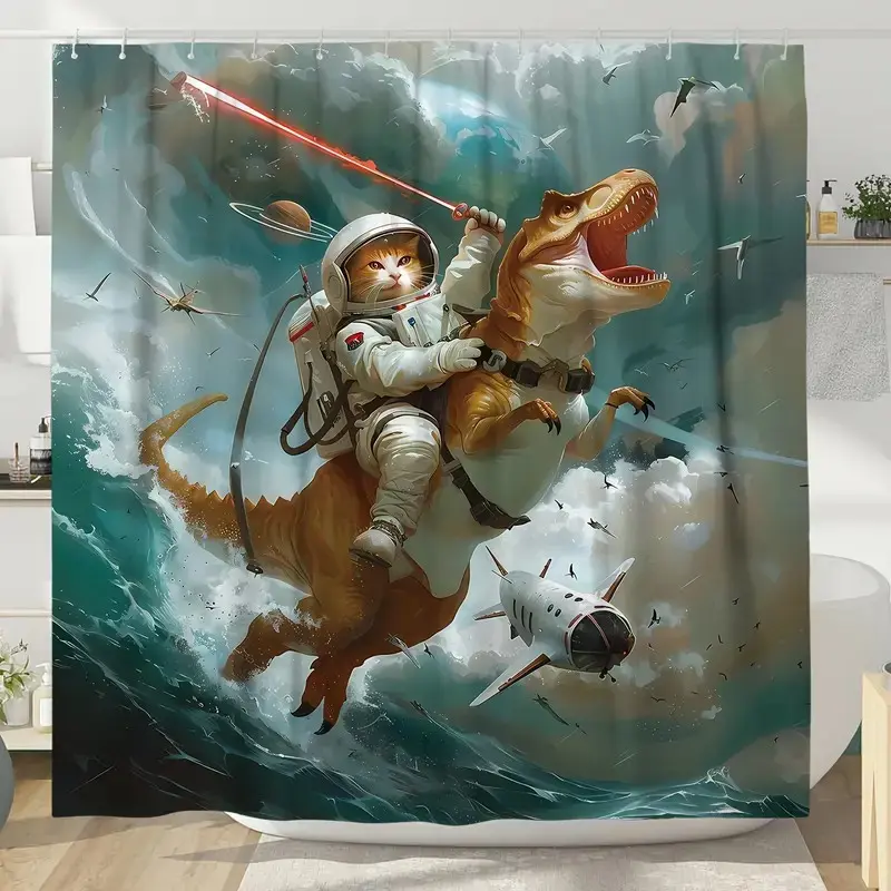 Quick Arrival Cat in spacesuit riding dinosaur surfing pattern design Cool Shower Curtain, Shower Curtain Sets, made of durable polyester material, multiple sizes, easy to care for, machine washable, free hook