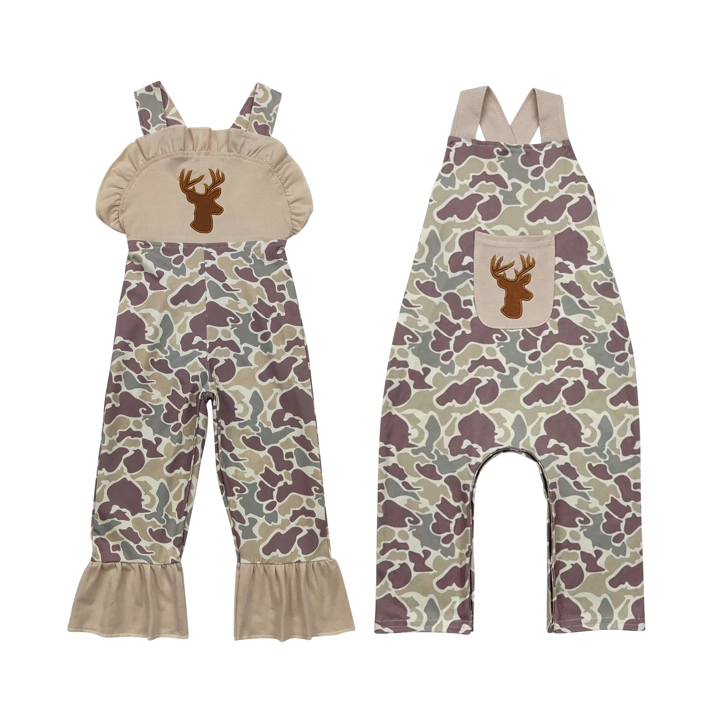 Girls' Minimalist Cute Embroidered Soft Cotton Deer Motif Raglan Sleeve Overalls - Breathable Fabric, All-Seasons Romper, Ease of Movement Kids' Fashion Bottoms