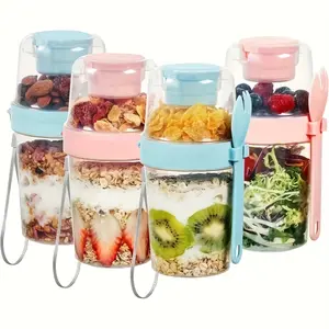 4PCS Portable Food Storage Jar Set with Lids and Spoons, Leakproof Airtight Reusable Thick Plastic Lunch Containers, Snack Containers, Ideal for Salad Meal Prep, Meat, Fruit, Vegetable and Egg Storage, Airtight Cereal Containers