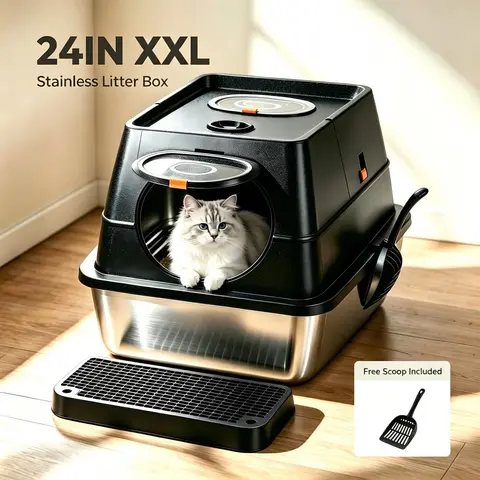 Petwhole XL Large Stainless Steel Litter Box Set - Foldable 3-in-1 Convertible, Flip-Top Lid, Enclosed/Open Top, High Sides, Non-Stick Rustproof, Odour Control, Leak Proof, Easy Cleaning, With Scoop