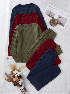 Women's Homecoming Set, 6-Piece Round Neck Long Sleeve Top & Ankle-Length Pants, Ribbed Brushed Fabric, Casual Fitted Comfortable Daily Wear, Womenswear