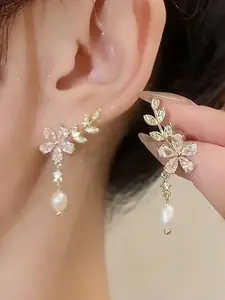 Elegant Women's Faux Pearl Flower Leaf Earrings, Lightweight Luxury Synthetic Crystal Studs, Perfect for Anniversaries, Birthdays, Gifts, High Quality Earrings