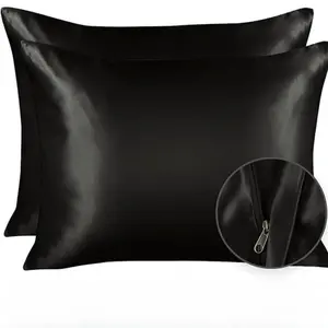 Black Satin Pillowcase for Hair and Skin, Silk Pillowcase Black 2 Pack, Luxury Satin Pillowcases with Zipper Closure, Satin Pillow Case Cover Standard Satin Silk Pillowcase for Hair & Skin
