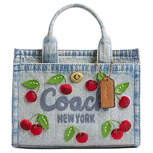 COACH Cargo 20 Cherry Embroidery Zipper Closure Detachable Strap Denim And Leather Handbag For Women
