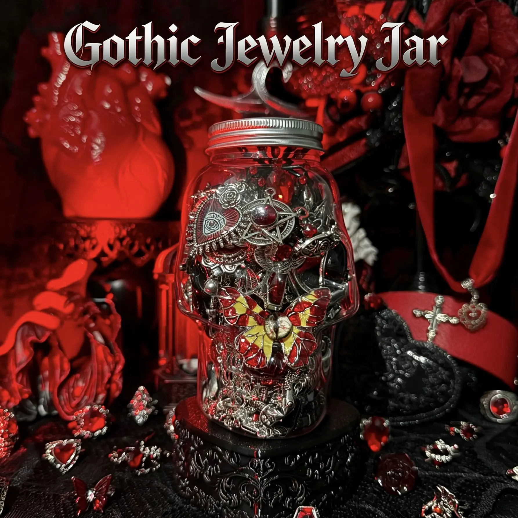 Jollyhit Red & Black Gothic Skull Jewelry Jar – 30PCS Costume Jewelry Set with Rings, Earrings, Necklaces & Bracelets,  Adult Gift, Spooky season Surprise unique birthday Party Gift for Women & Girls O