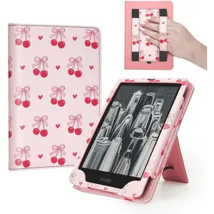 Cherry Bow Case for 7"/6.8" Ereaders,Compatible with Kindle Paperwhite 12th/11th Gen,MEEBOOK, PocketBook, Boox, Colorsoft,Cute Stand Hand Strap Book Cover Sleeve Ebook  Gifts Accessories 2024