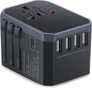 Universal Travel Adapter, European Travel Plug Adapter (Not a  Converter) - International Power Adapter Worldwide Charger with USB-C & 4 USB-A Ports, Travel Essentials (TA-105, Grey)