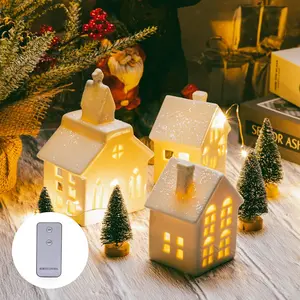 7 Pcs Christmas Miniature Porcelain Village Sets LED Porcelain House Tabletop Figurine Decorations for Tabletop Mantle Decor