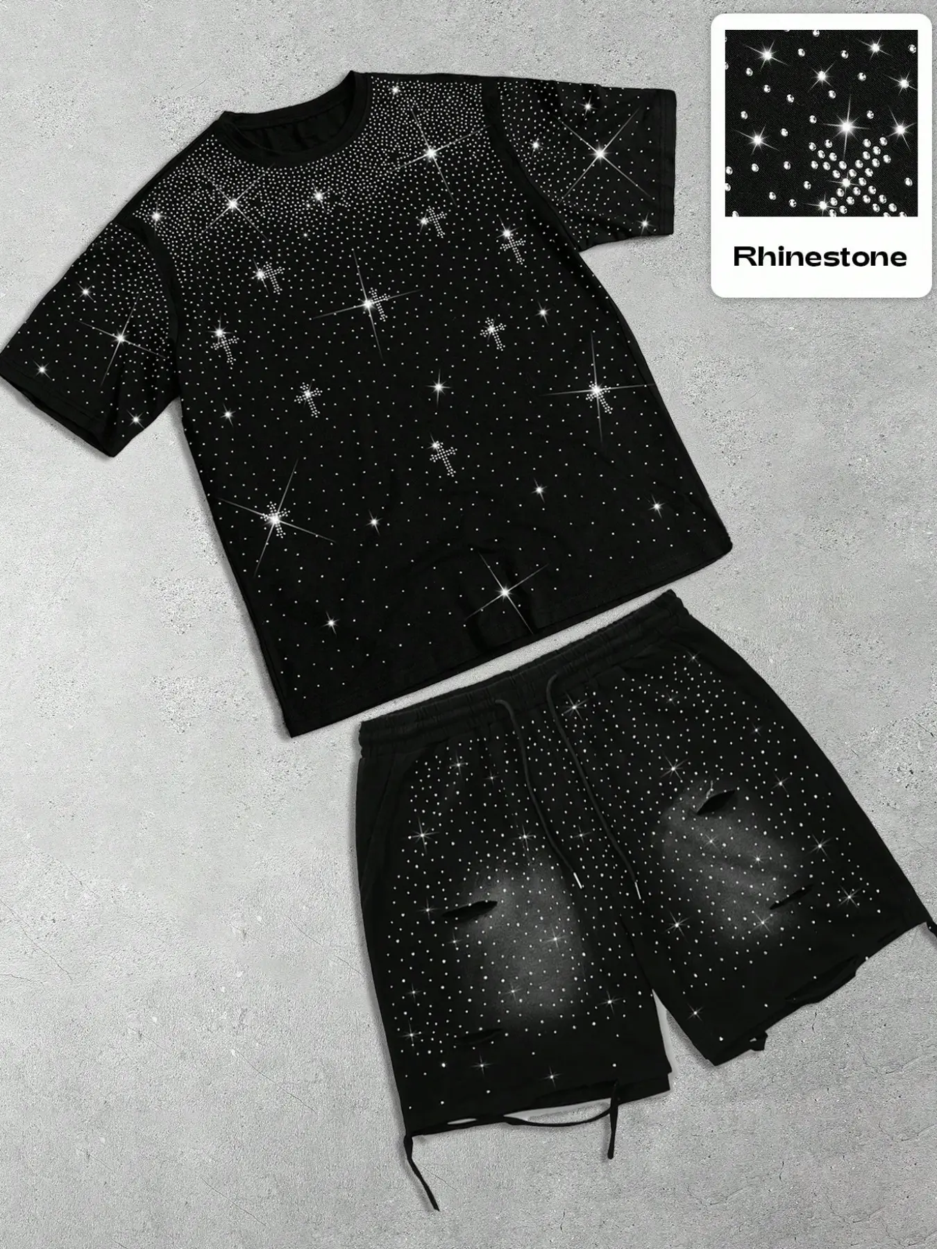 Y2K Street Style Rhinestone Round Neck Top & Shorts Set, Unisex Two-Piece Hip Hop Fashion Outfit, Casual Summer, Moderate Fabric, Letter Pattern, Matching Outfits Set
