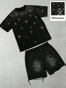 Y2K Street Style Rhinestone Top & Shorts Set, Unisex Two-Piece Fitted Hip Hop Fashion, Casual Summer, Moderate Fabric, Geometric Letter Pattern