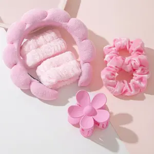 Hydrotherapy Headbands Set, Makeup Headbands, Face Washing Headbands, Skincare Headbands, Pink Velvet Fluffy Sponge Headbands, Bows, Bubbles, Hydrotherapy Headbands, Wristbands, Set Of Women's And Girls' Hair Accessories, Styling