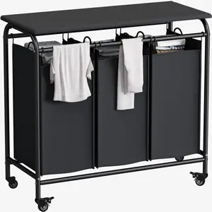 3 Bag Section Laundry Cart Sorter Heavy Duty Rolling Lockable Wheels Laundry Hamper Cart with Ironing Board and Removable Bags Metal Laundry Basket