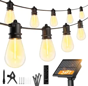 34FT Solar String Lights Outdoor Waterproof, 9 LED S14 Shatterproof Bulb, Patio Lights with Remote Type-C Port Timable, 3 Light Modes Dimmable Solar String Lights for Outside, Yard, Camping