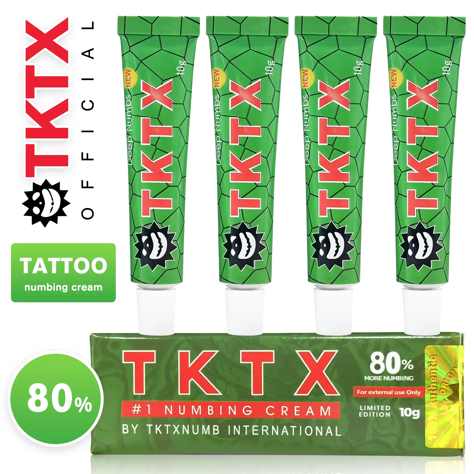 TKTX Tattoo Numbing Cream features a 80% fast numbing formula. Enriched with lidocaine and other high-efficiency anesthetic components, it adapts perfectly to tattooing and diverse cosmetic procedures.