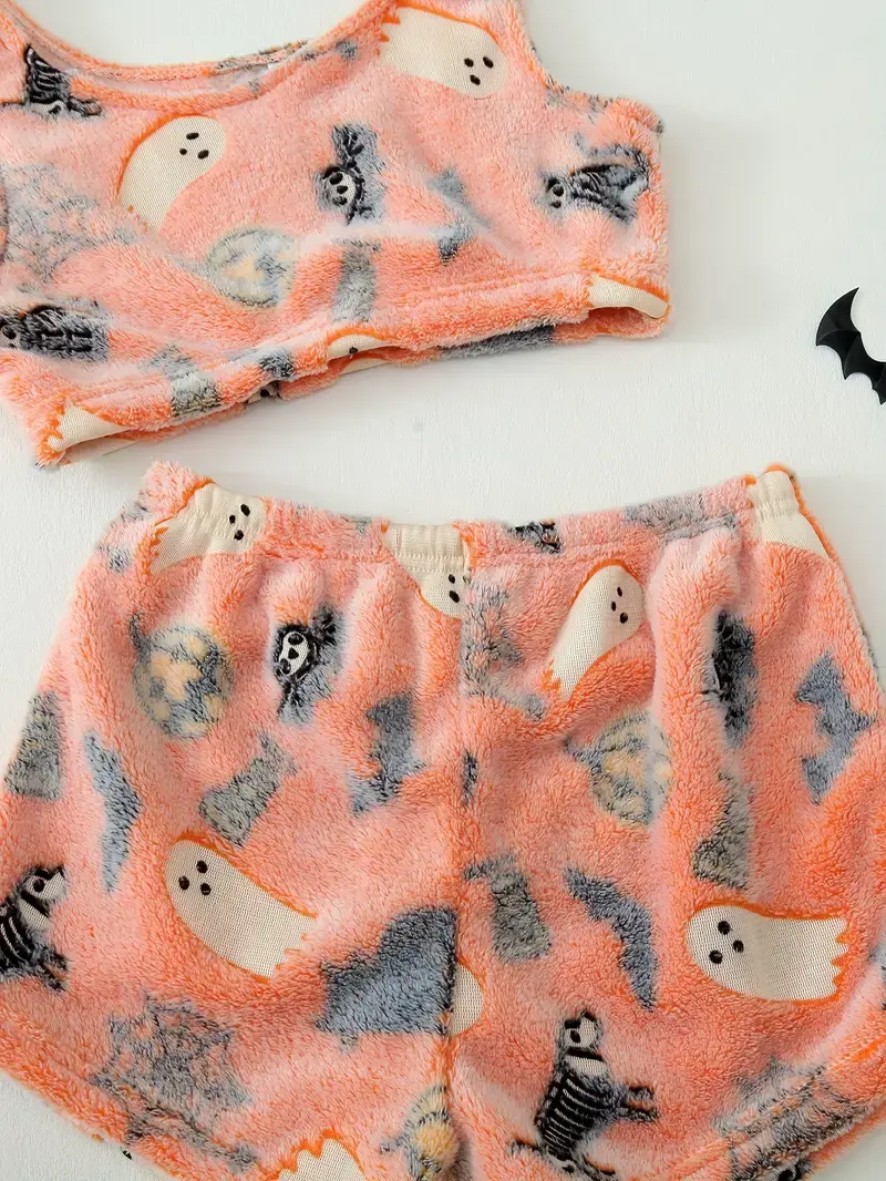 Mallume Women's Halloween Print Glow in The Dark Crop Tank Top & Elastic Waist Shorts Fluffy Pajamas Set