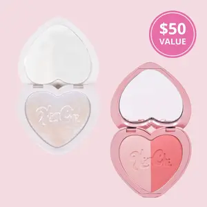 KimChi Chic Beauty Festival Bestie Bundle - Pearl Shimmer Irisdescent Highlighter and Blush Powder Duo Pink Cosmetic Makeup Compact Iridescent