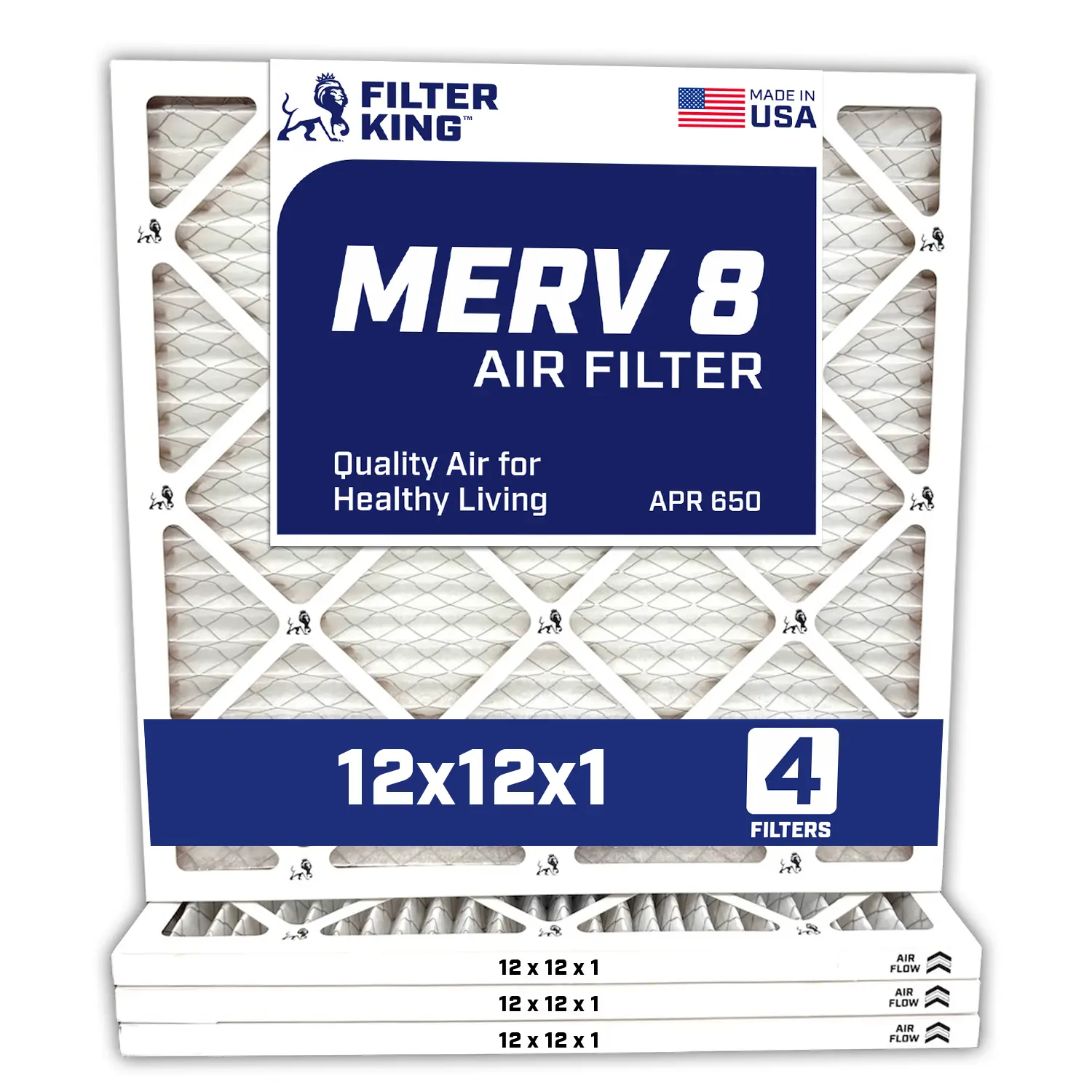 Filter King 12x12x1 Air Filter | 4-PACK | Carbon MERV 8 HVAC Pleated A/C Furnace Filters | MADE IN USA | Actual Size: 11.5 x 11.5 x .75"
