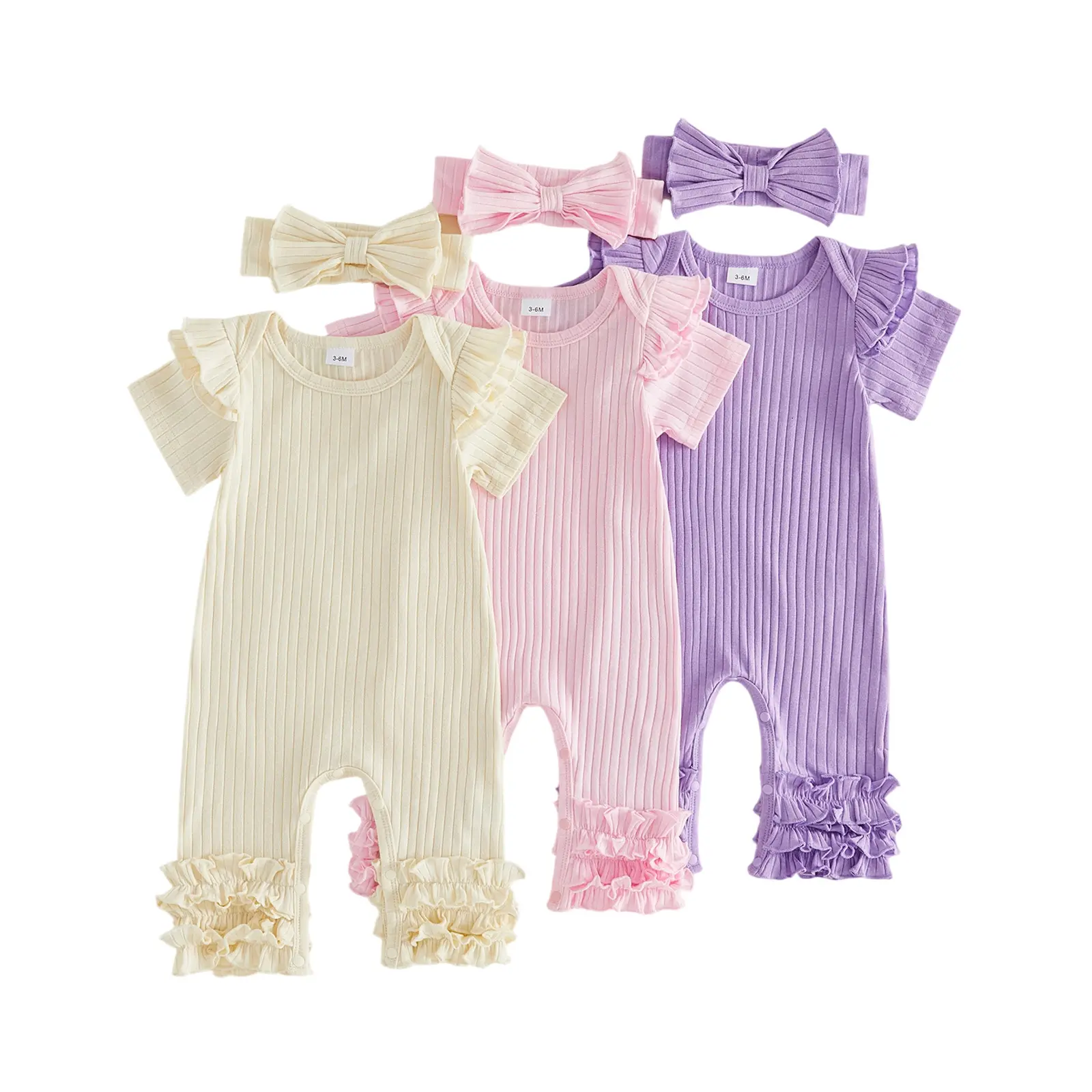 Preemie Newborn Baby Girl Outfit Ruffle Trim Short Sleeve Ribbed Romper and Bow Headband Summer Set 0-9 Months