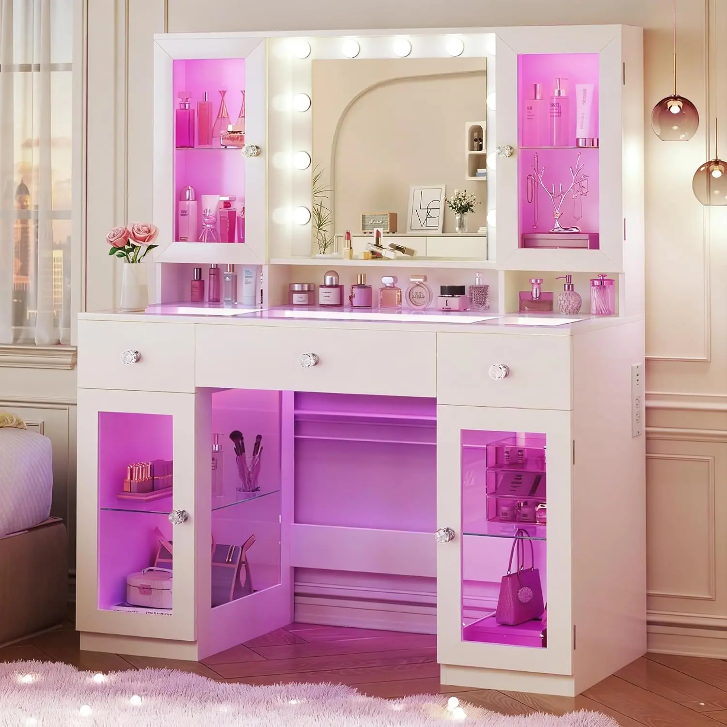 Stylish Makeup Vanity Furniture (43" Glass Top), Apartment Furniture with Built-in Mirror Cabinets, RGB Lights, Power Outlet, 3 Drawers, 3-Color Adjustable Brightness for Bedroom, White