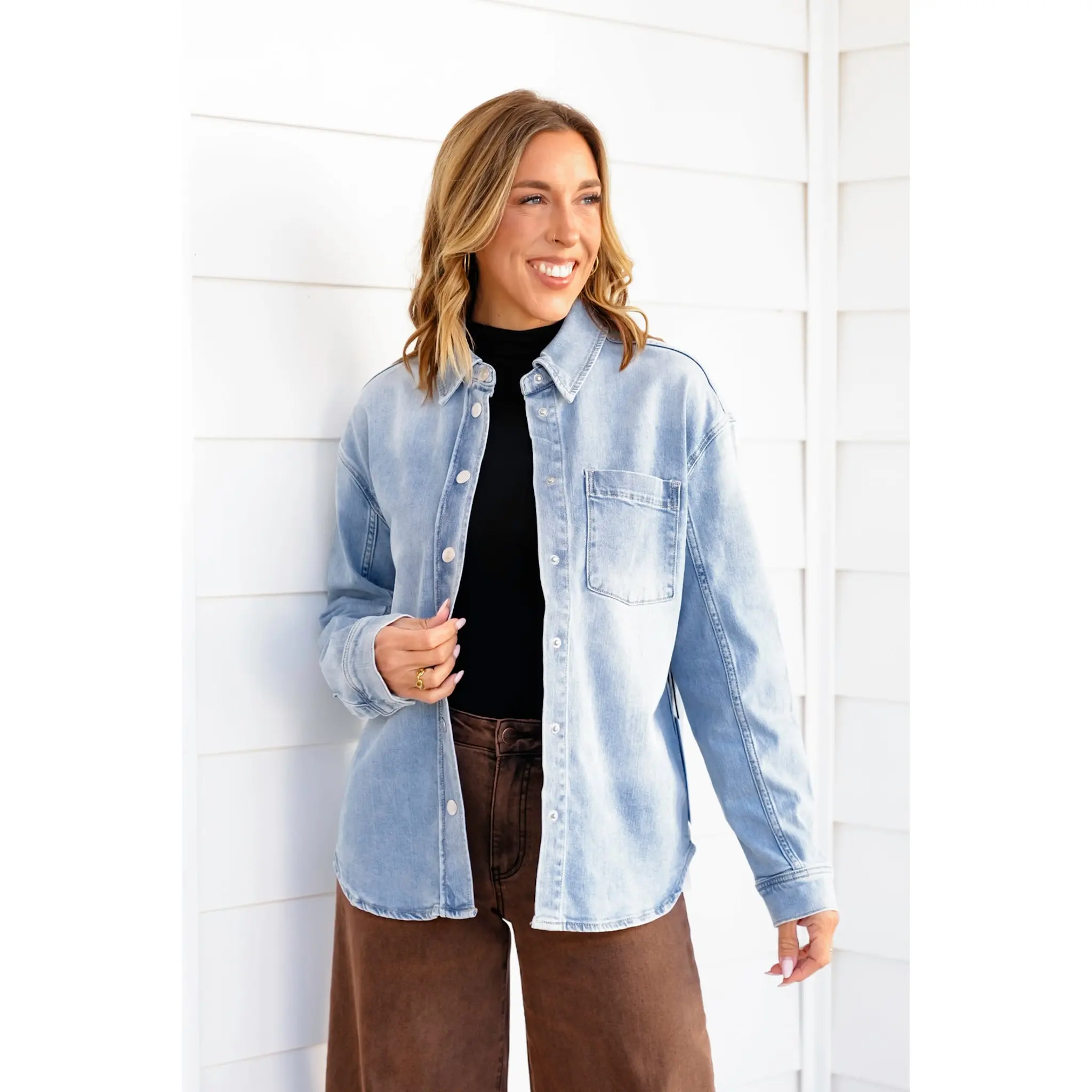 Light Wash Long Sleeve Snap Button Down Shirt