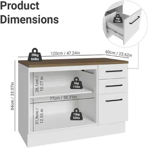 Madesa Hazel Kitchen Storage Buffet Base Cabinet with Adjustable Feet 47 Inch Engineered Wood Slab Doors Painted Finish Floor Mount Removable Plinth - White