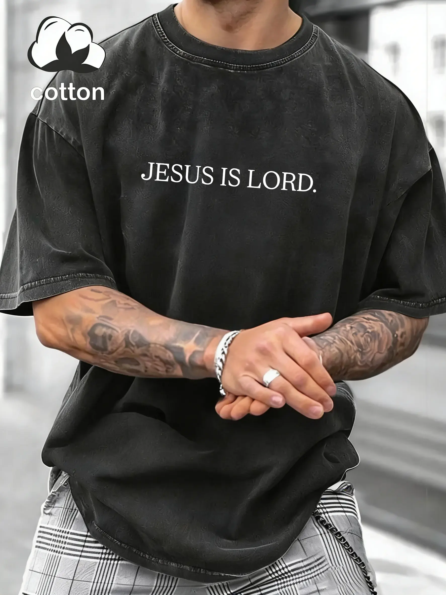Jesus Is Lord Vintage Washed Tee Men’s Distressed Retro T-Shirt with Front Graphic Text, Loose Fit Streetwear, Faith-Inspired Casual Wear
