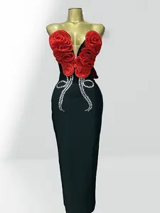 Dazzling Diamond Red Bouffancy Lace Strapless Black Bandage Long Dress  Elegant Woman Evening Dress Celebrity Party Vestido