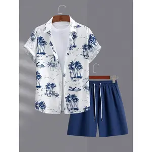 Men’s tropical coconut tree print shirt and shorts matching set, regular fit casual short-sleeve button-up top and drawstring-waist shorts, men’s summer outfits