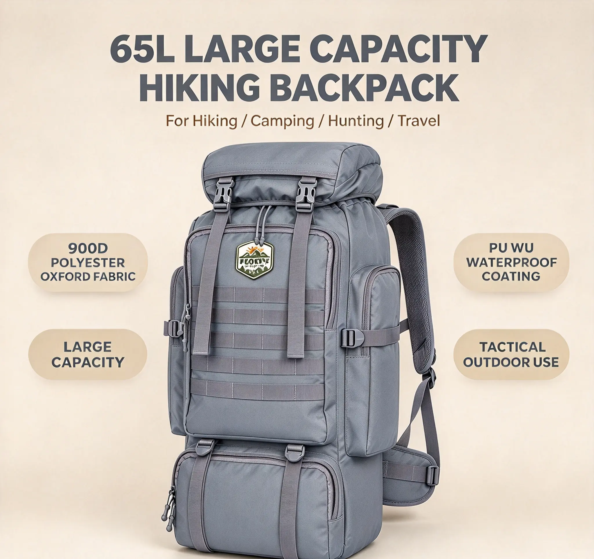 Unisex Gray 65L Tall Profile Outdoor Utility Backpack, Heavy Duty 900D Fabric Multi-Sport Rucksack, Multi-Pocket Design, Adjustable Compression Straps, Separate Bottom Compartment, MOLLE Webbing, Large Capacity Pack for Camping, Hunting, Backpacking