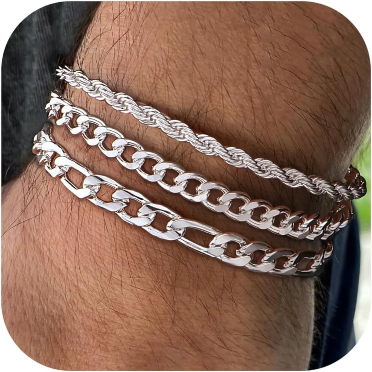Milacolato Men's 3-Piece Jewelry Chain Bracelets - 316L Stainless Steel Figaro, Rope, Cuban Link Styles, 14 karat Gold/Silver Plated, 6.5/7/7.5/8.3/9 Inches, Father's Day Gifts, Mens Gifts, Men's Accessories, Gifts For Him
