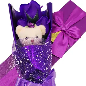 Graduation Flower Bouquet 3 Scented Soap Roses Mother's Day Gift Box with Cute Teddy Bear for Her Him Valentine's Day Anniversary Wedding Birthday Gift and Proposal